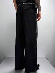 Zorclune Fashionable Rhinestone Embellished Denim Wide Leg Pants, Unisex Streetwear Baggy Rhinestone Black Vacation Party Diamond Starlight Denim For Y2K - Black - View 2