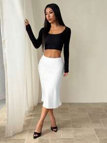 SHEIN PETITE Black High Waist Solid Color Skirt With Satin Texture Suitable For Dance And Daily Wear - White - View 3