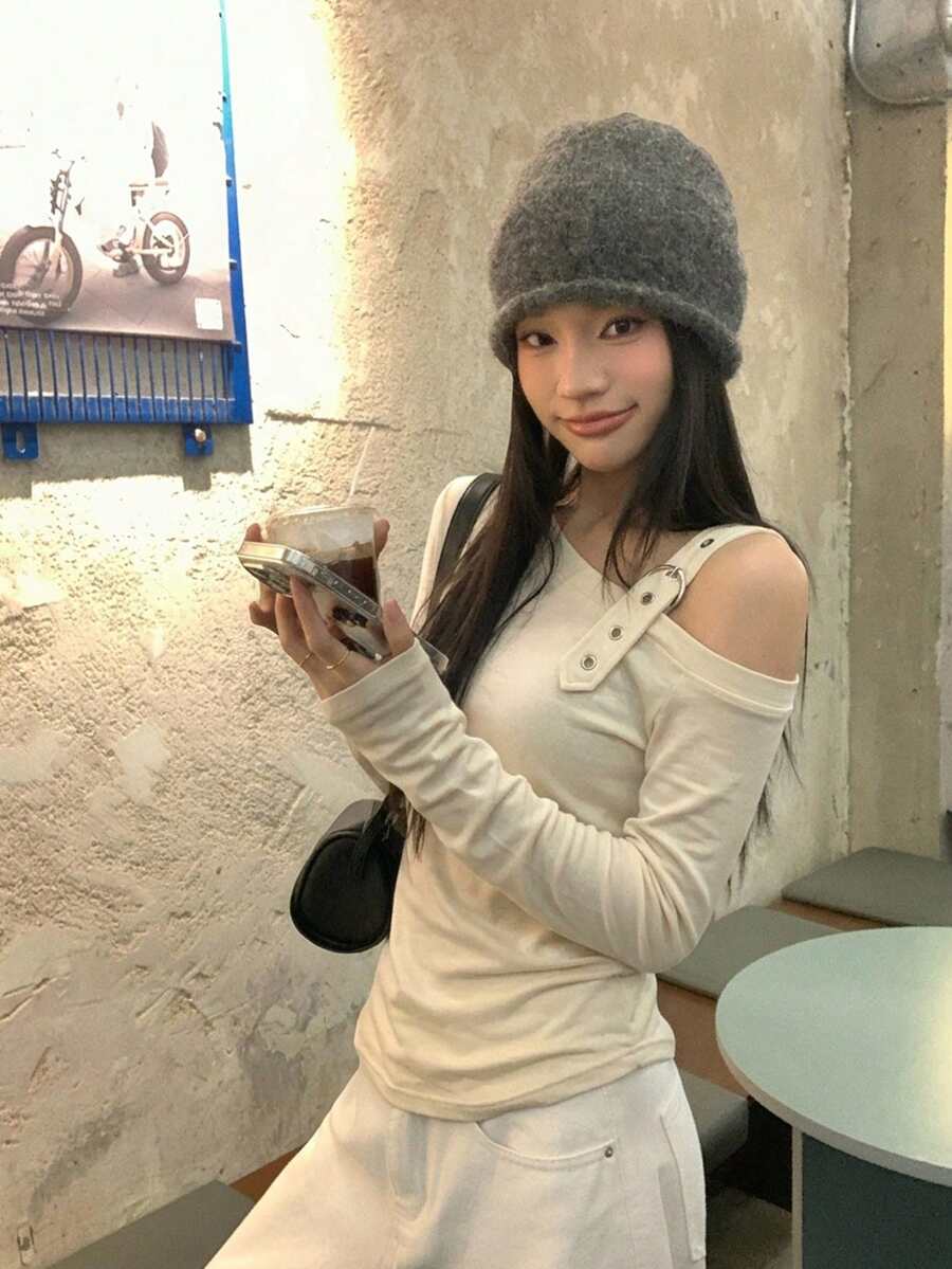 DAZY 女款休閒條紋長袖T恤,寬鬆版型,獨特設計,適合春季/秋季度假 - 杏色 - 查看 1