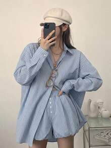 DAZY 女士条纹休闲长袖衬衫和宽松短裤两件套家居服套装 - 藍色 - 查看 3