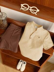 SHEIN LMoss Kids 2pcs Kids Boys Casual V-Neck Short Sleeve Shirt And Shorts Set - Multicolor - View 5