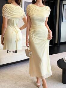 Modelyn Đầm maxi thanh lịch màu vàng nhạt bằng vải chiffon, kiểu Pháp, xếp ly phía sau, buộc dây, thích hợp cho đám cưới của phụ nữ. - Vàng nhạt - Xem 4