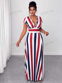 Maweii Plus Size Summer Fashion Color Block Striped Dress - Multicolor - View 5