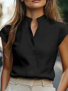 EMERY ROSE Plus Size Solid Color Stand Collar Cap Sleeve Casual Minimalist Design Everyday Shirt, Summer - Black - View 3