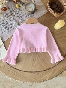 SHEIN 女婴针织开衫，轻薄夏季女婴连衣裙外套，公主风外套，长袖披肩，背心，荷叶边下摆开衫，连衣裙罩衫 - 粉色 - 查看 3