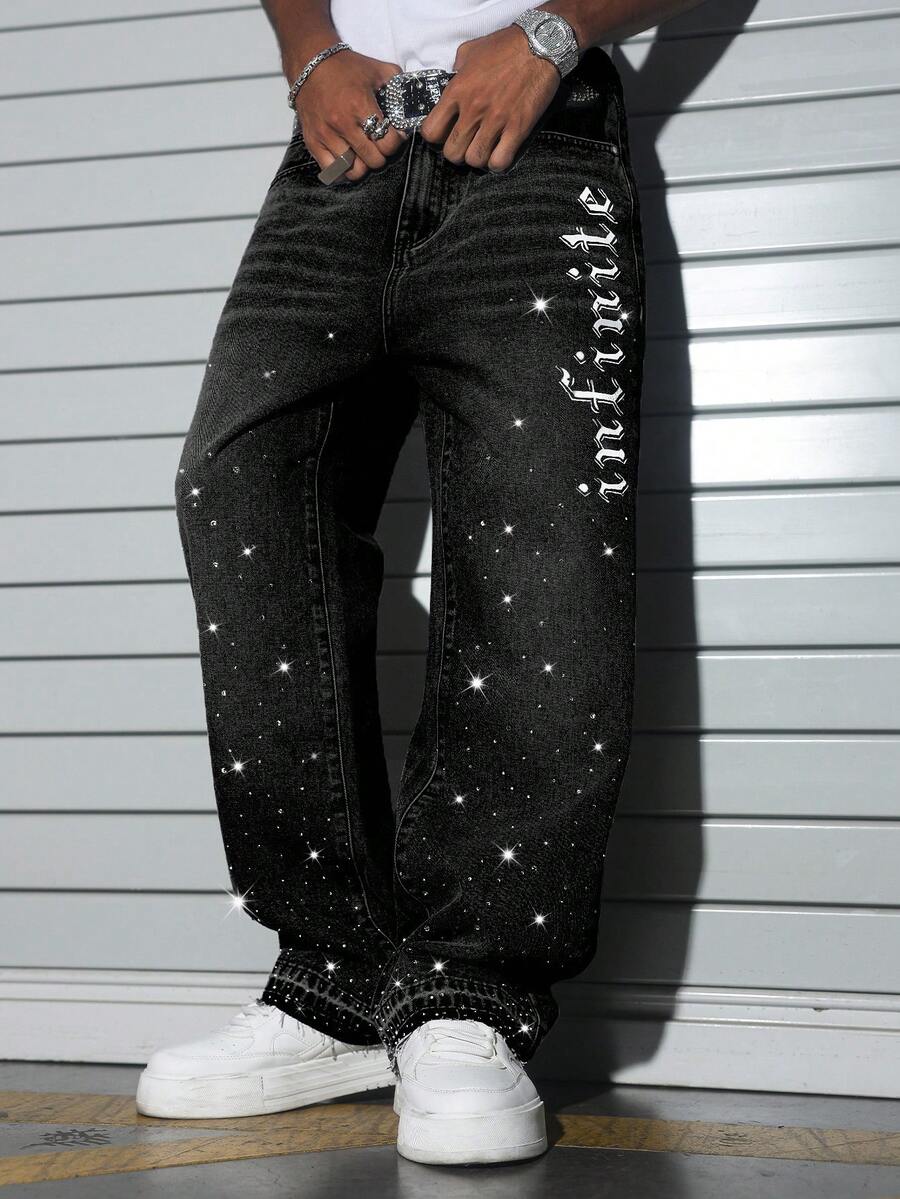 Manfinity EMRG Men's Rhinestone Print Wide Leg Jeans - Black - View 1