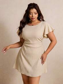 Elaquor Plus Size Solid Color Minimalist Daily Wear Round Neck Short Sleeve Dress - Apricot - View 3