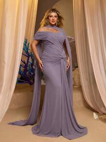 Glamrae Gaun Pesta Malam Formal Musim Dingin Ukuran Besar Warna Ungu, Gaun Pengantin Berpayet Ekor Ikan Asimetris Tanpa Tali dengan Detail Jala dan Lipatan Samping, Model Berkerut, dan Berpilin yang Elegan - Dusty Purple - View 6