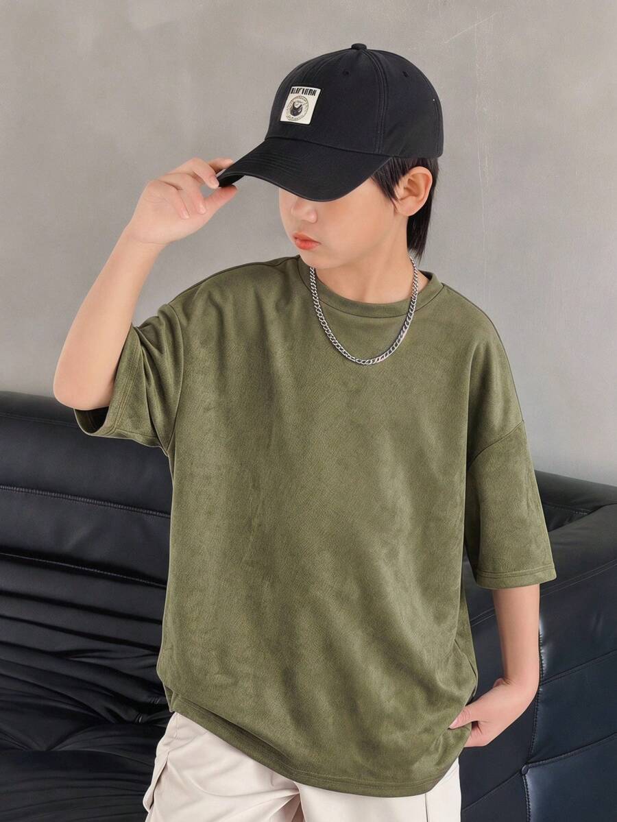 SHEIN 中學男孩休閒韓式純色鬆身麂皮T恤 - 軍綠色 - 查看 1