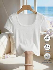 DAZY Women's Summer Scoop Neck Rhinestone Allover Print Slim Fit Casual Short Sleeve T-Shirt - White - View 16