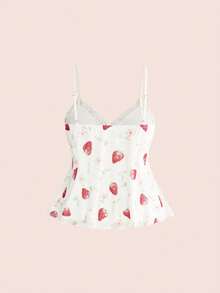 Sweetness Plus Size Summer Outfits Strawberry & Floral Print Lace Patchwork Ribbon Tie Asymmetrical Hem Camisole And Tank Top - Beige - View 2
