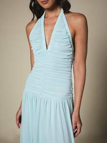 KSTM Ruched Halter Neck Maxi Dress With Deep V-Neckline Open Back And Flowy Pleated Skirt Summer Evening - Blue - View 5
