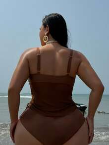 Swim SXY 2026 New Plus Size Swimsuit 2-Piece Set, Lightweight Mesh Overlay Tankini Top With Adjustable Drawstring Solid Shorts, Summer Bubble Beach Vacation - Brown - View 2