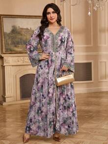 Al Najma Plus Size Women Floral Print V-Neck Elegant Long Sleeve Turkish Maxi Dress - Purple - View 4
