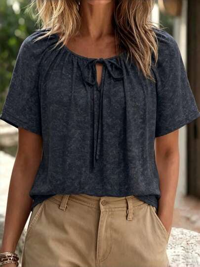 SHEIN Women's Round Neck Short Sleeve T-Shirt With Front Cutout Neckline, Bow Tie Decor, T-Shape Silhouette, Knitted Slub Fabric, Casual Loose Fit, Fashion Style