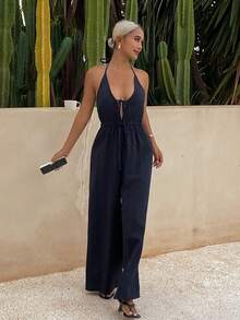 DAZY Women's Solid Color Front Tie Halter Wide Leg Jumpsuit Pajamas - Navy Blue - View 5
