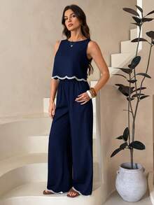SHEIN Tall 女款優雅性感休閒熱帶風白色夏季度假兩件套，蕾絲飾邊無袖背心上衣搭配寬腿褲，商務高爾夫風 - 藏蓝色 - 查看 6