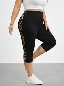 SHEIN CURVE+ 大尺碼女款休閒運動日常通勤高腰豹紋拼接七分長緊身褲 - 黑色 - 查看 6