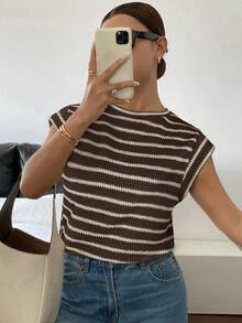 Siren Gaze Women's Brown Striped Stripe Stripe Stripe Stripe Print Round Neck Short Sleeve T-Shirt,Summer Topworld Cup Brunch Casual French Brunch Brunch Brunch - Brown - View 6