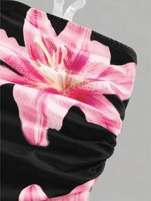 SHEIN Girlism 少女碎花露脐背心和荷叶边半裙两件套，休闲度假装 - 黑色 - 查看 12