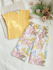 LMoss Kids 2pcs Baby Girl Woven Solid Color Ruffle Collar Top And Loose Ditsy Floral Pants Set - Yellow - View 3