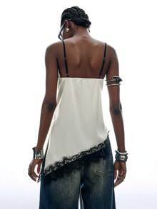 LYSMO Áo camisole nữ mùa hè phối ren, cổ chữ V, eo khoét, vạt không đối xứng. - Đen và trắng - Xem 2