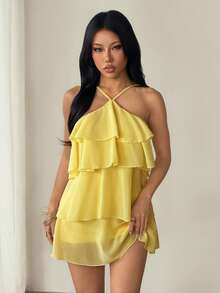 SHEIN PETITE 黃色夏季優雅度假風婚禮賓客純色露背多層荷葉邊雪紡迷你洋裝，適合波希米亞風、派對、嬌小女性 - 黃色 - 查看 5