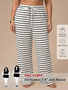 SHEIN Tall CURVE 大码条纹印花打结休闲裤 - 黑與白 - 查看 9