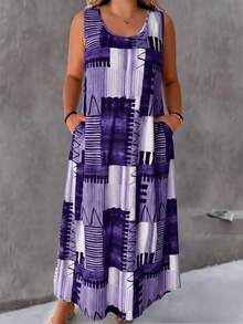 SHEIN LUNE Plus Size Round Neck Casual Printed Knit Dress - Multicolor - View 4