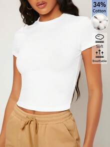 SHEIN BASICS Women's Solid Color Casual Round Neck Short Sleeve Cropped T-Shirt Tops For Women White Tops - White - View 9