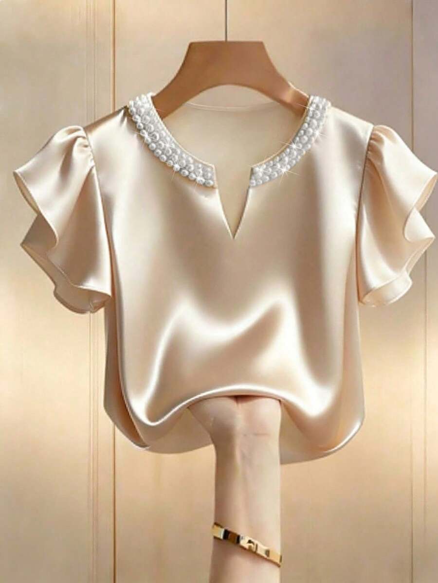 SHEIN Franclia Áo sơ mi nữ màu sâm panh satin cổ đính ngọc trai, tay ngắn dáng rộng, kiểu Pháp thanh lịch với họa tiết ngọc trai, áo kiểu satin tay ngắn cổ đính ngọc trai nhẹ nhàng, trang nhã. - Màu be - Xem 1