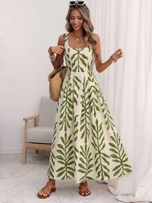 Vestido midi de línea A con espalda plisada, cintura ceñida, tirantes anchos y escote en U, con ajuste en la espalda, en estilo romántico de lunares grandes, elegante retro francés minimalista, adecuado para oficina, viajes, negocios, casual, playa, resort, primavera/verano - Verde 2 - Ver 4