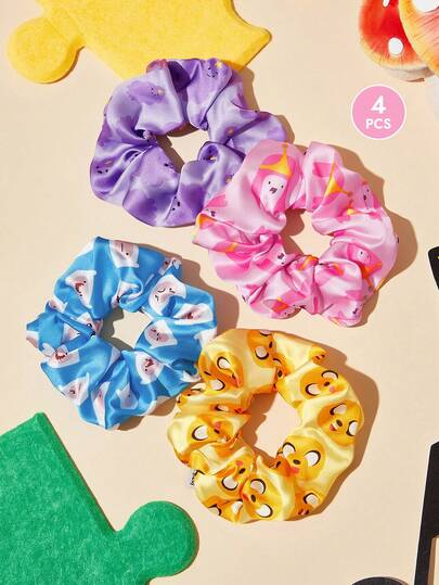 ADVENTURE TIME X SHEIN 4 diademas con estampado de dibujos animados dulces y lindos, diademas de satén brillante de colores de caramelo, adecuadas para el hogar o salir, especialmente para coletas altas