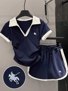 Tween Girls Polo Collar Co-Ord Set, Blue & White Splice Color Block Snug Fit Short Sleeve, Waist Ruched, Versatile & Minimalist, Spring/Summer - Blue and White - View 3