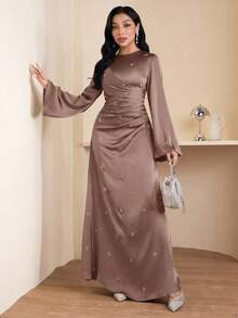 Veilorie Đầm nữ màu trơn cổ tròn tay loe xếp ly thanh lịch - Bụi hồng - Xem 4