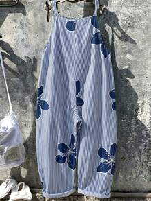 EMERY ROSE Plus Size Loose Minimalist Vertical Striped Print Jumpsuit - Blue and White - View 2