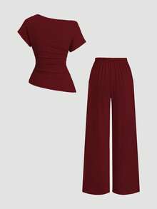 Sweetra Setelan 2 Potong Wanita Modis Terbaru: Atasan dan Celana Panjang dengan Bahu Asimetris, Warna Polos, dan Desain Pas Badan - Burgundy - View 2