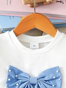 Elladie kids 4-7岁女童两件套：可爱蝴蝶结装饰串珠短袖上衣和松紧腰串珠开衩短裤，适合日常生活、派对和其他场合。 - 藍色 - 查看 4