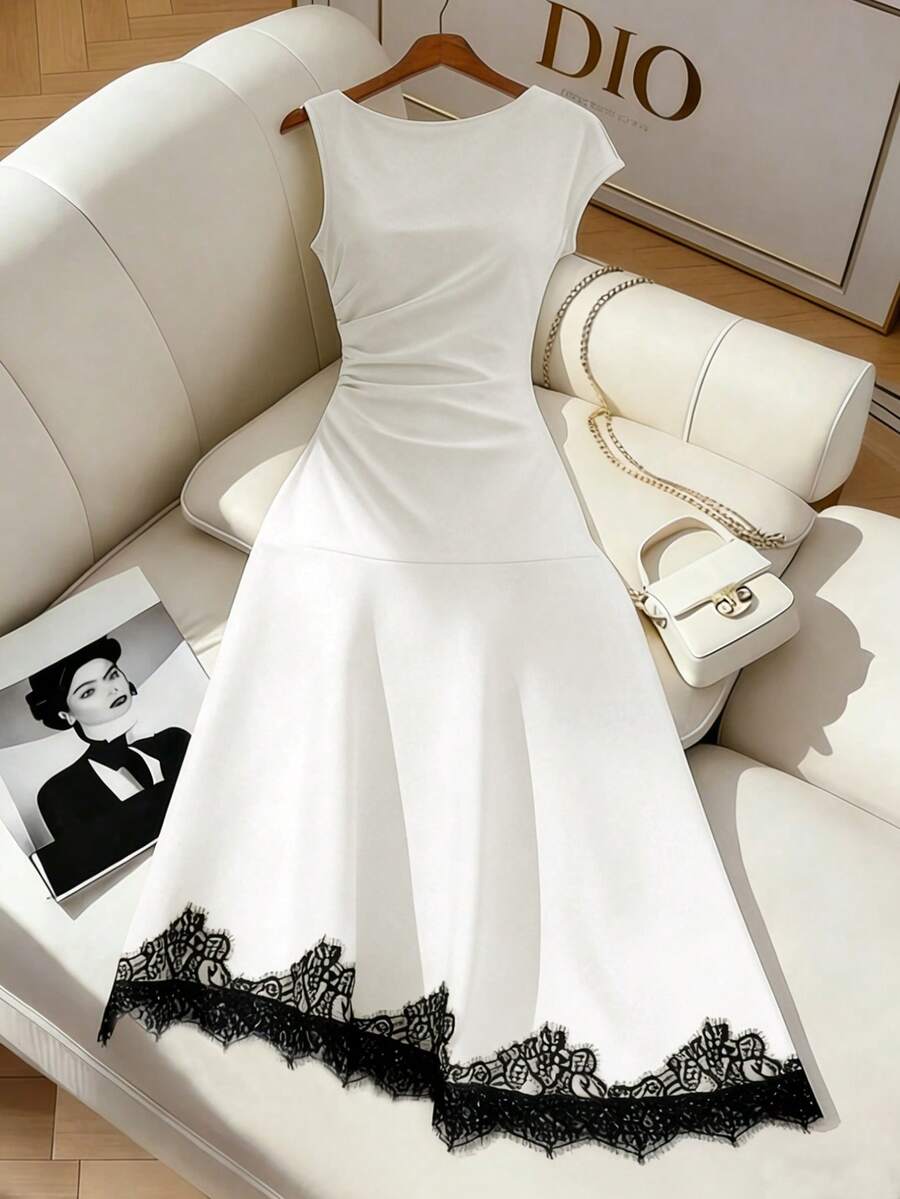 SHEIN Franclia Đầm đen dài ngang gối thanh lịch dành cho nữ, thích hợp đi làm và dự tiệc, với phần eo xếp ly và viền ren. - trắng - Xem 1