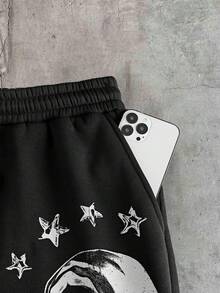 AXEPEAK Men's Casual Fashion Street Virgin Mary Cross Print Drawstring Waist Loose Shorts, Summer - Black - View 4