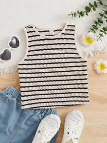Tops sin mangas de cuello redondo holgados, casuales y cómodos con rayas para niñas preadolescentes, versátiles para el verano, ir y venir, vacaciones en la playa y ropa de estar en casa - Multicolor - Ver 4