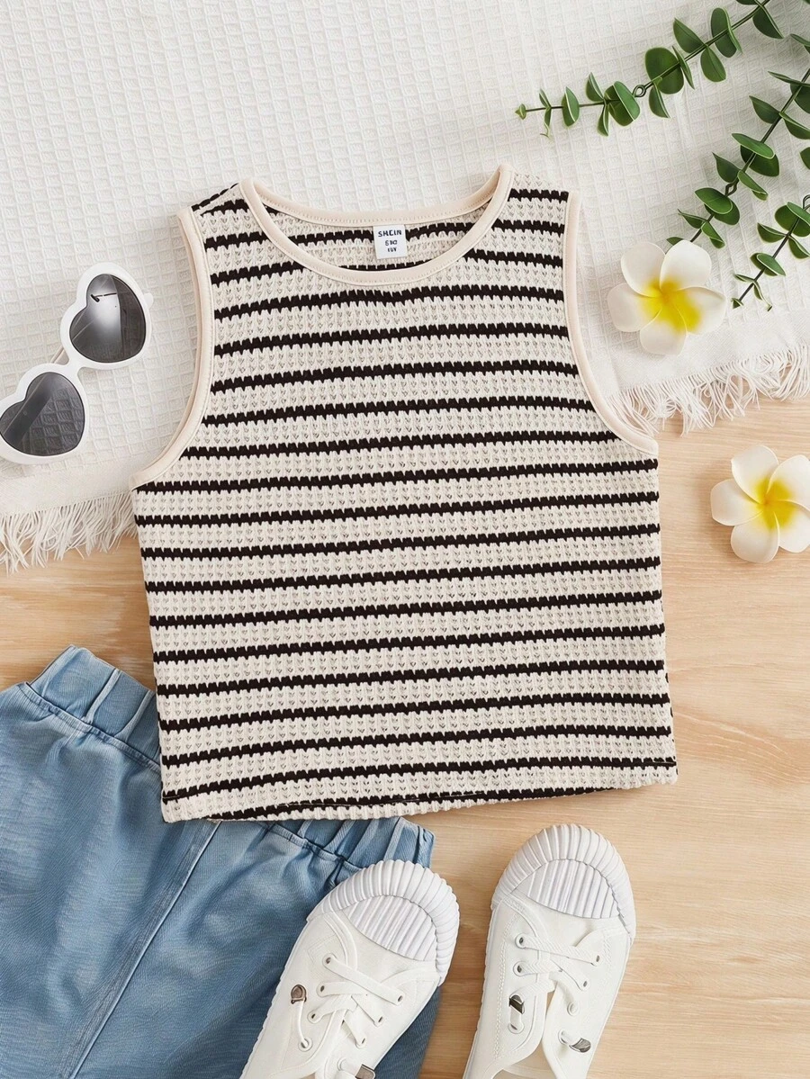 Tween Girls Loose Casual Comfortable Striped Round Neck Sleeveless Tank Tops, Versatile For Summer Commuting, Beach Vacation Holiday, And Commuting Black And White Checkered - Multicolor - View 1