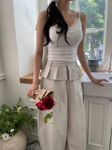 DAZY Quần ống rộng dáng suông, xếp ly, thoải mái dành cho nữ, đa năng. - màu xanh lá - Xem 5