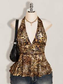 SHEIN ICON 大码女式复古性感个性时尚前卫都市摩登千禧风Y2K豹纹图案收腰深V露背吊带宽松下摆修身上衣 - 鏽棕色 - 查看 3