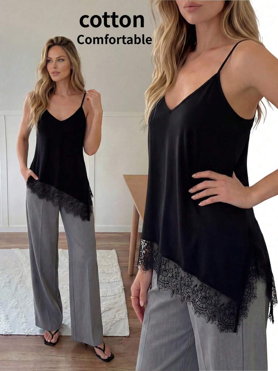 SHEIN LUNE Áo tank top nữ hai dây cổ chữ V không tay, dáng rộng thoải mái, thích hợp mặc mùa hè.