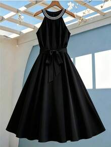 GlowEve CURVE Robe évasée élégante à col de perles pour femmes grandes tailles, pour le travail - Noir - Voir 9