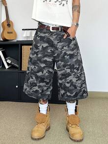 STEELVANCE Quần short denim rằn ri phong cách đường phố cổ điển với túi màu tương phản, trang trí đinh tán, quần short cargo ống đứng rộng rãi thoải mái. - xanh quân đội - Xem 3