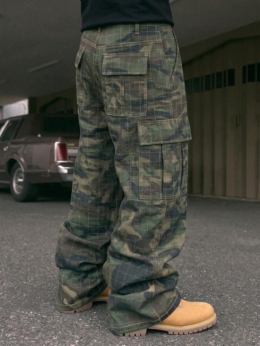 AXEPEAK 男士迷彩印花休闲宽松工装牛仔裤 - 軍綠色 - 查看 1