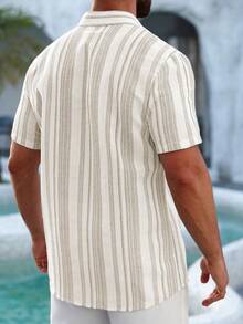 VENTUSAIL Regular Shoulder Striped Front Button Casual Summer Slim Fit Short Sleeve Shirt - Khaki - View 2
