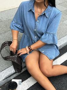EMERY ROSE Plus Size Women Summer Casual Washed Denim Blouse Formal Vacation Light Blue - Blue - View 5